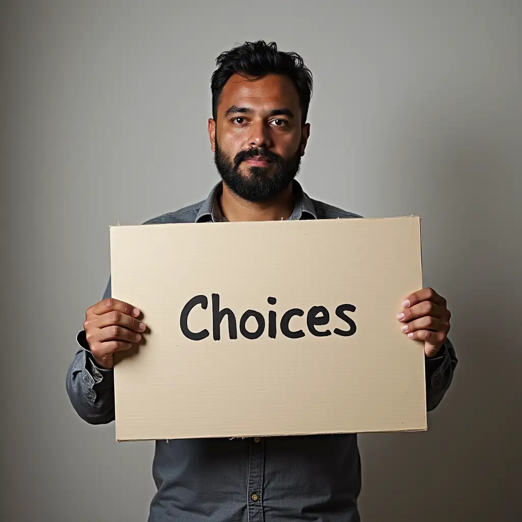 Man holding a placard written Choices and a tagline your life is shaped by the choices you make