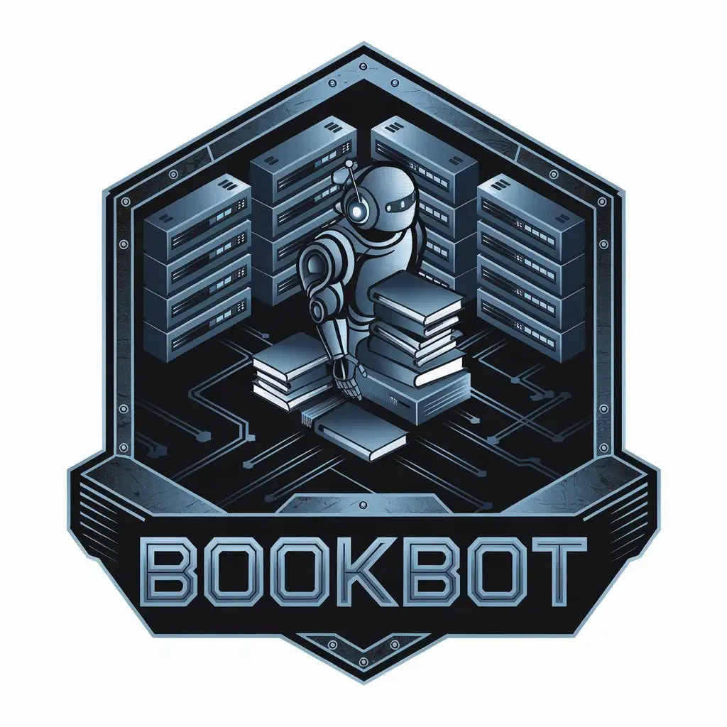 LOGO Design for Bookbot Isometric Robot Transporting Books in a Digital Environment with Cybernetic Blue and Metal Tones