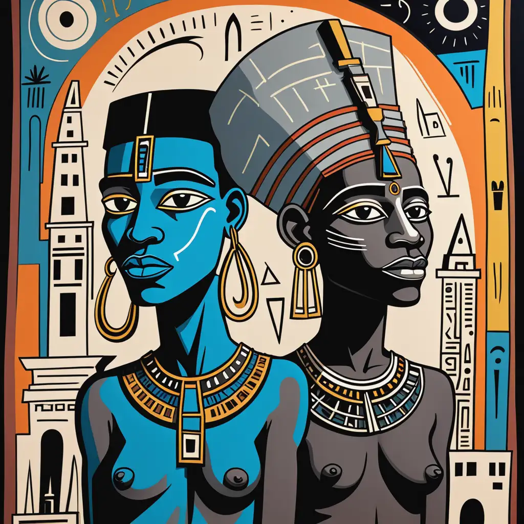 Ancient-Nubian-Themed-Art-in-Basquiat-and-Picasso-Style-with-Architectural-Flourishes