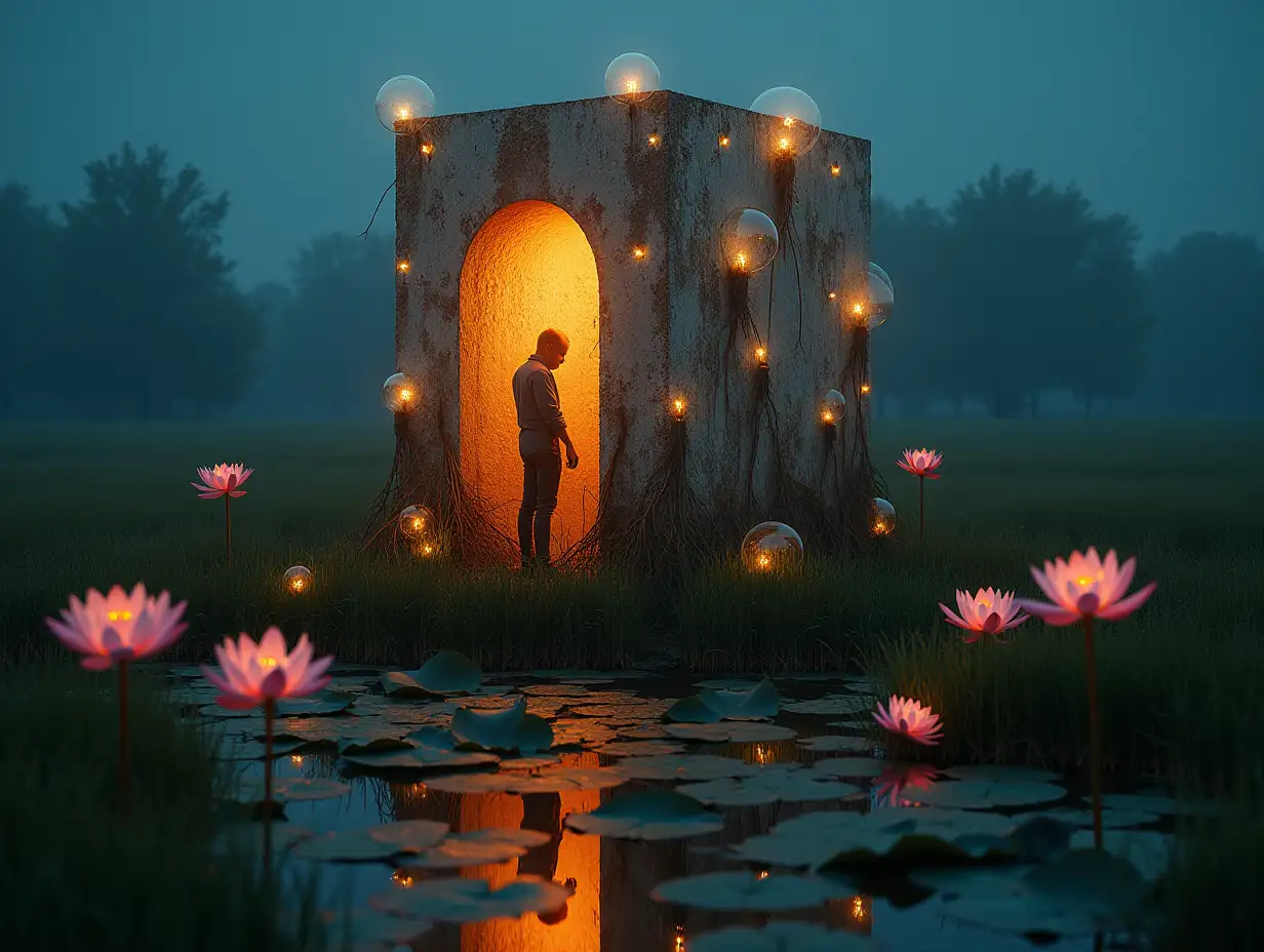 Face turning into a building with glass glowing balls and roots Lit on a meadow with lake and a lit lotus flowers facing the viewer