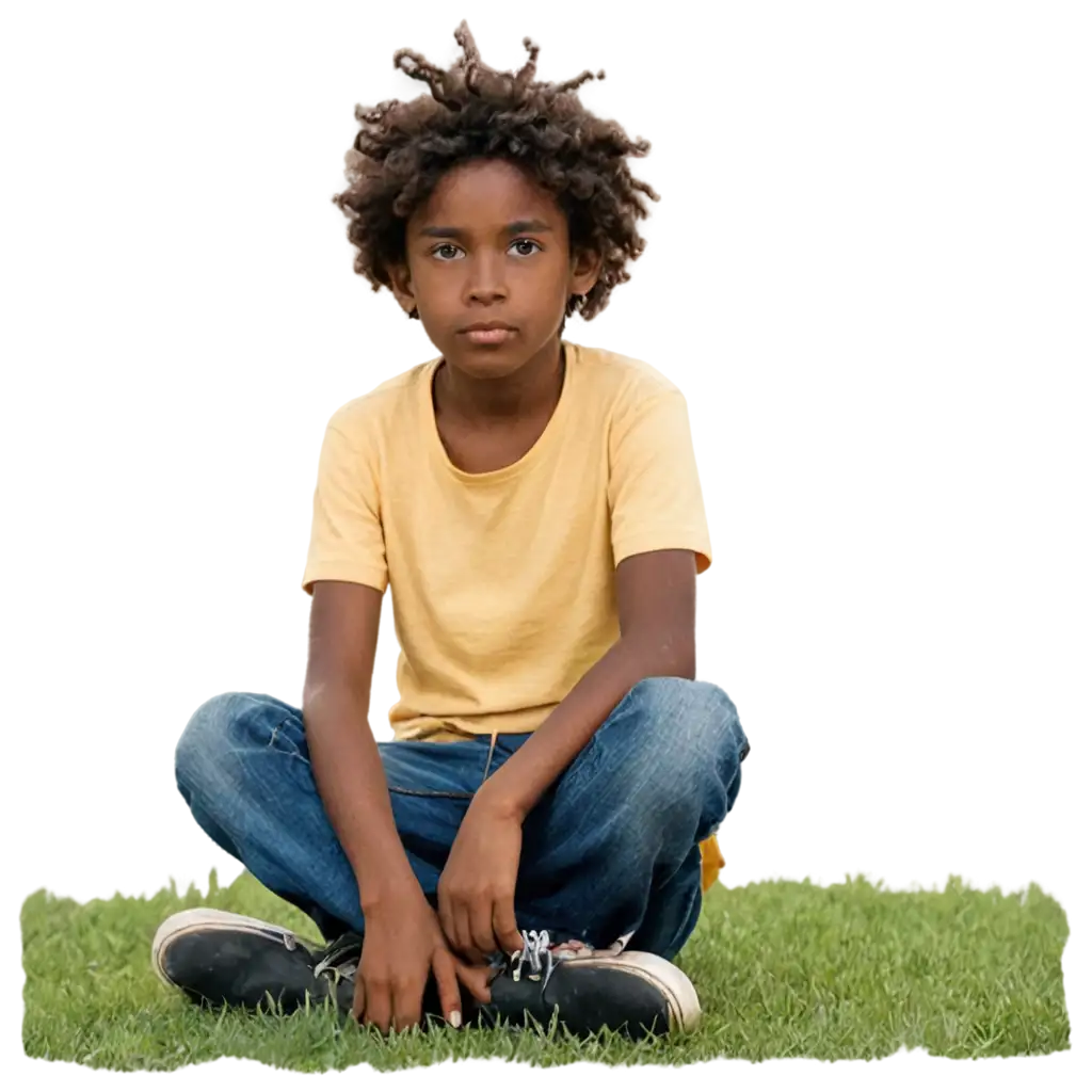 10YearOld-DarkSkinned-Boy-Sitting-on-Grass-in-Village-Square-PNG-Image-for-Clear-and-HighQuality-Visuals