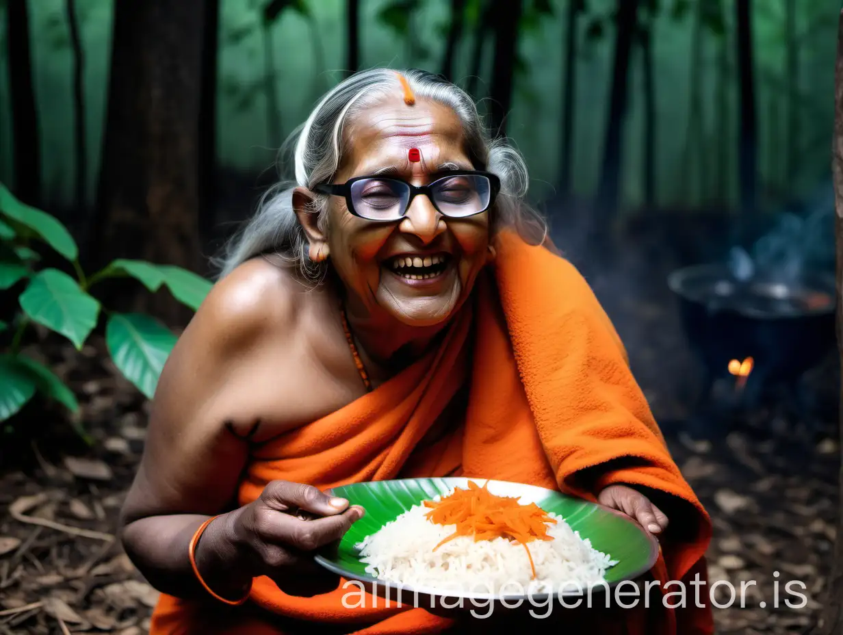 Elderly-Hindu-Woman-Monk-Enjoying-Rice-Meal-in-Forest-Night-Scene