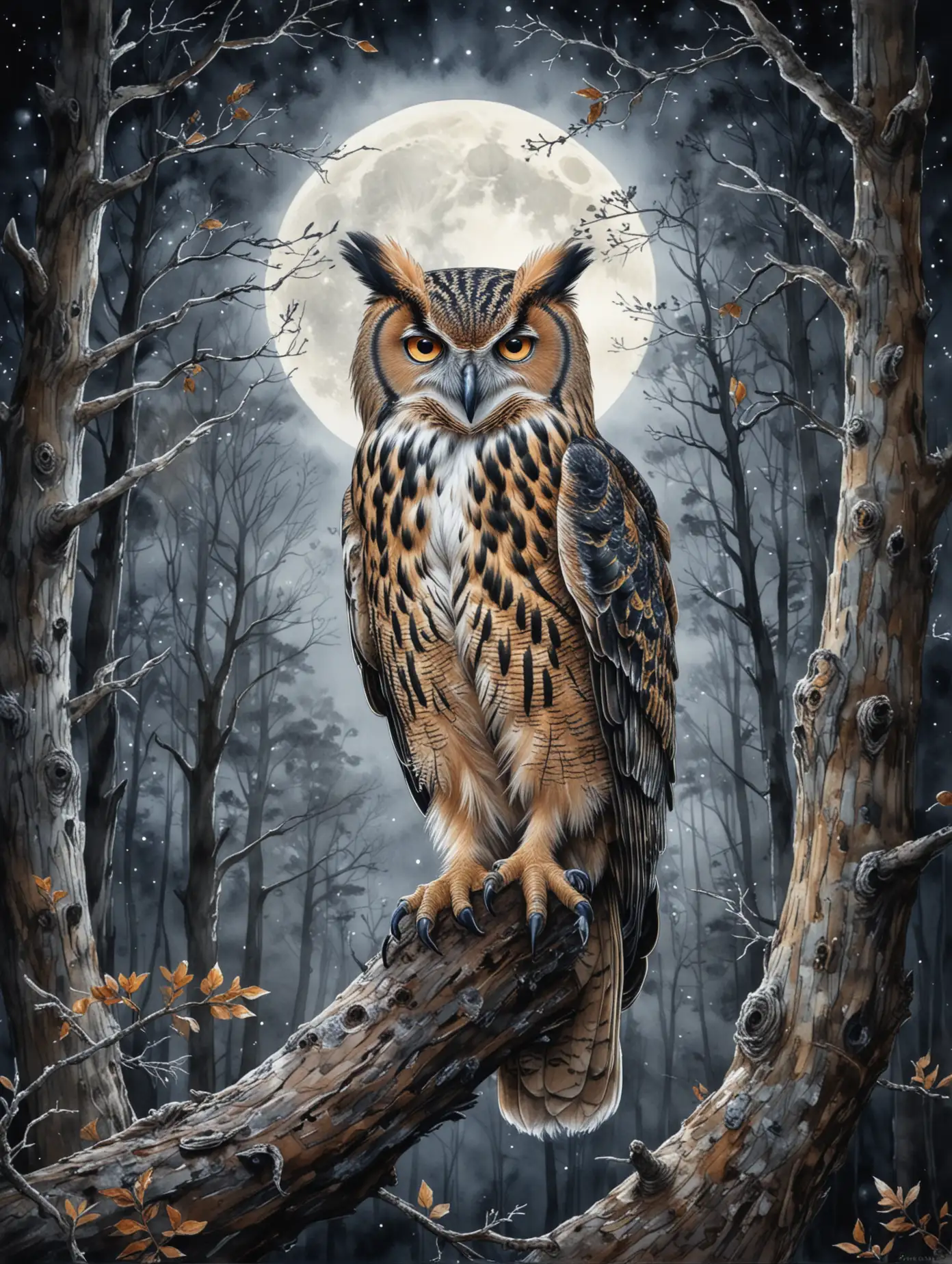 on a tree sits an eagle owl, around dark forest, moon, watercolor drawing, detailed drawing, high quality