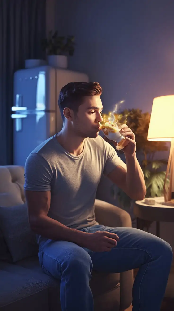 35YearOld-Man-Alone-in-Apartment-at-Night-Drinking-Ambrosia-with-Golden-Glow