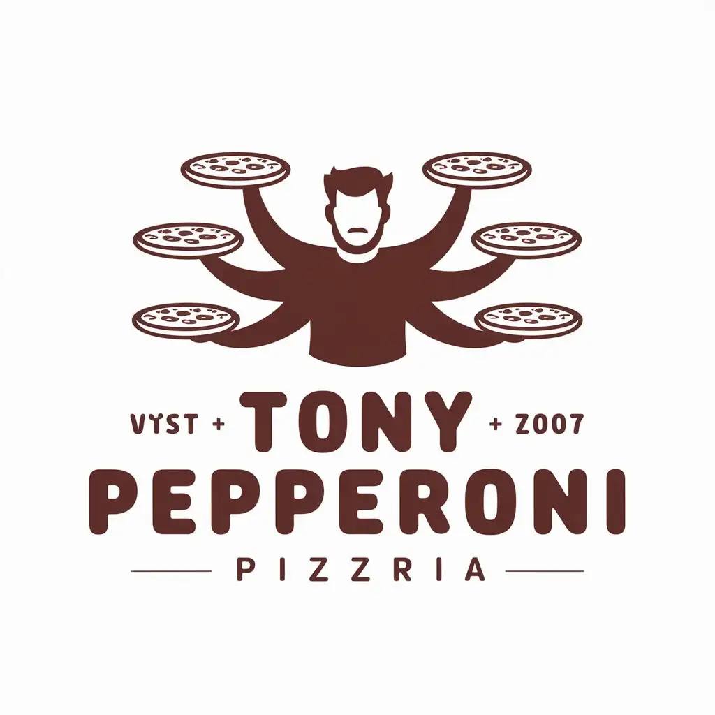 LOGO Design For Tony Pepperoni Pizzeria Emblem with FourArmed Man Carrying Pizzas