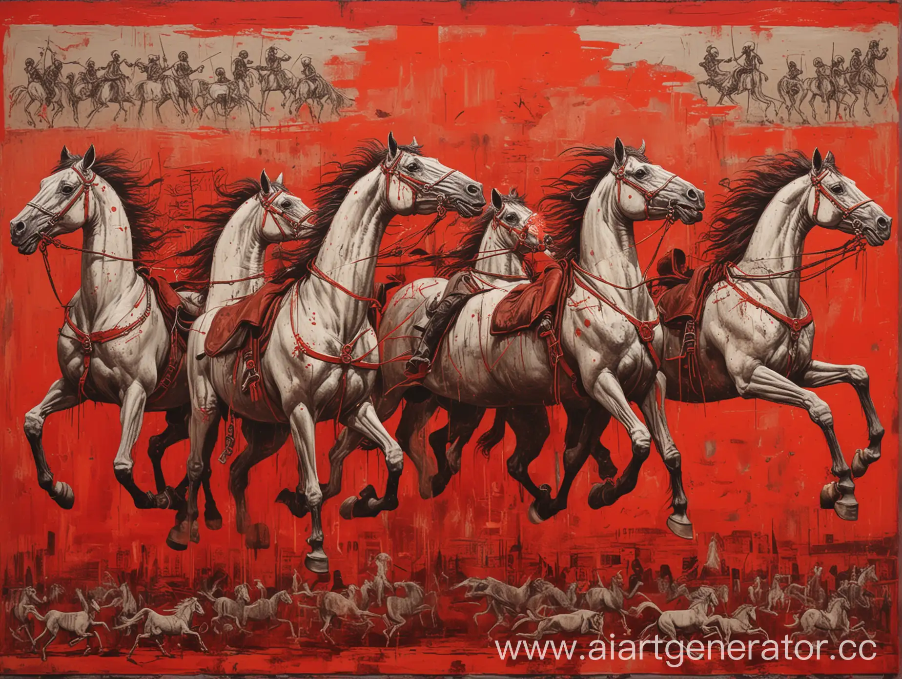 HORSEMEN OF THE APOCALYPSE RIDING ON SKELETONS OF HORSES. GALLOPING ON A RED BACKGROUND. THERE ARE A LOT OF INSCRIPTIONS ON THE BACKGROUND. A PAINTING IN THE STYLE OF BASQUIAT AND WARHOL. 