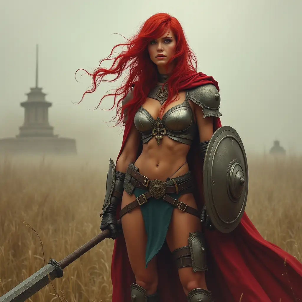 Red Sonja in Full Armor on a Misty Battlefield