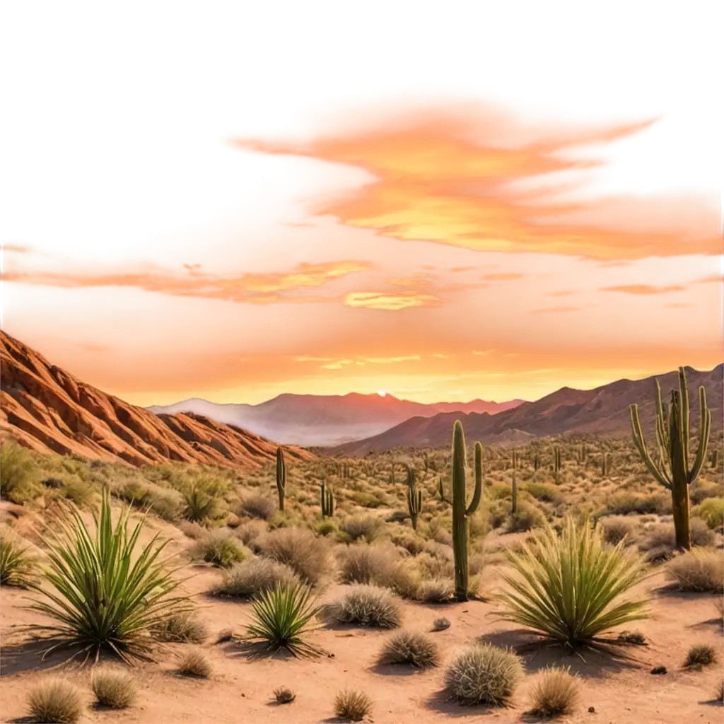 Desert Sunset: An arid landscape design featuring a desert scene with cactus plants and a setting sun, creating a beautiful contrast between the warm desert tones and the cool evening sky.