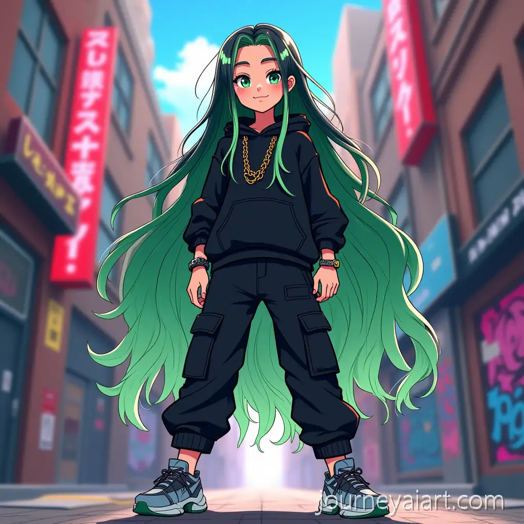 Anime-Teen-Girl-in-Urban-Streetwear-with-Green-and-Black-Hair-on-Vibrant-City-Street