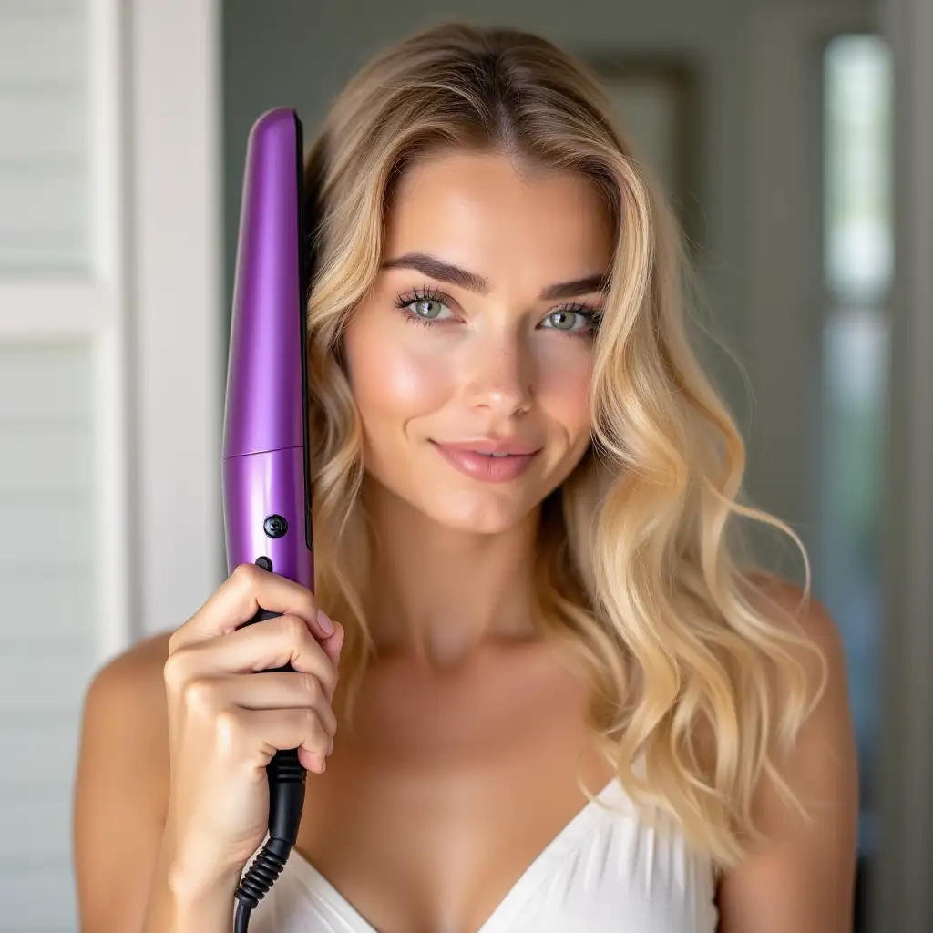 Young-Woman-with-Blonde-Hair-Using-a-Purple-Hair-Straightener