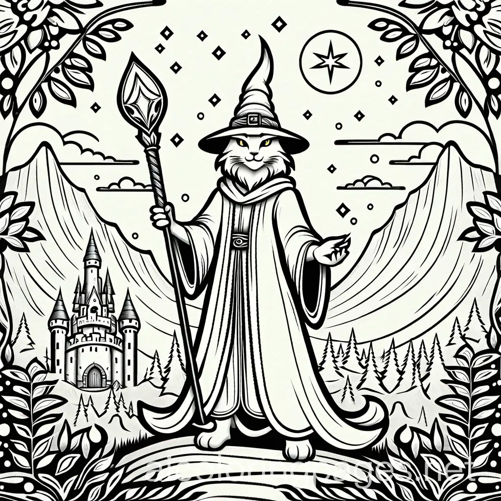 Bobcat-Wizard-with-Magic-Staff-and-Fantasy-Tower-Coloring-Page