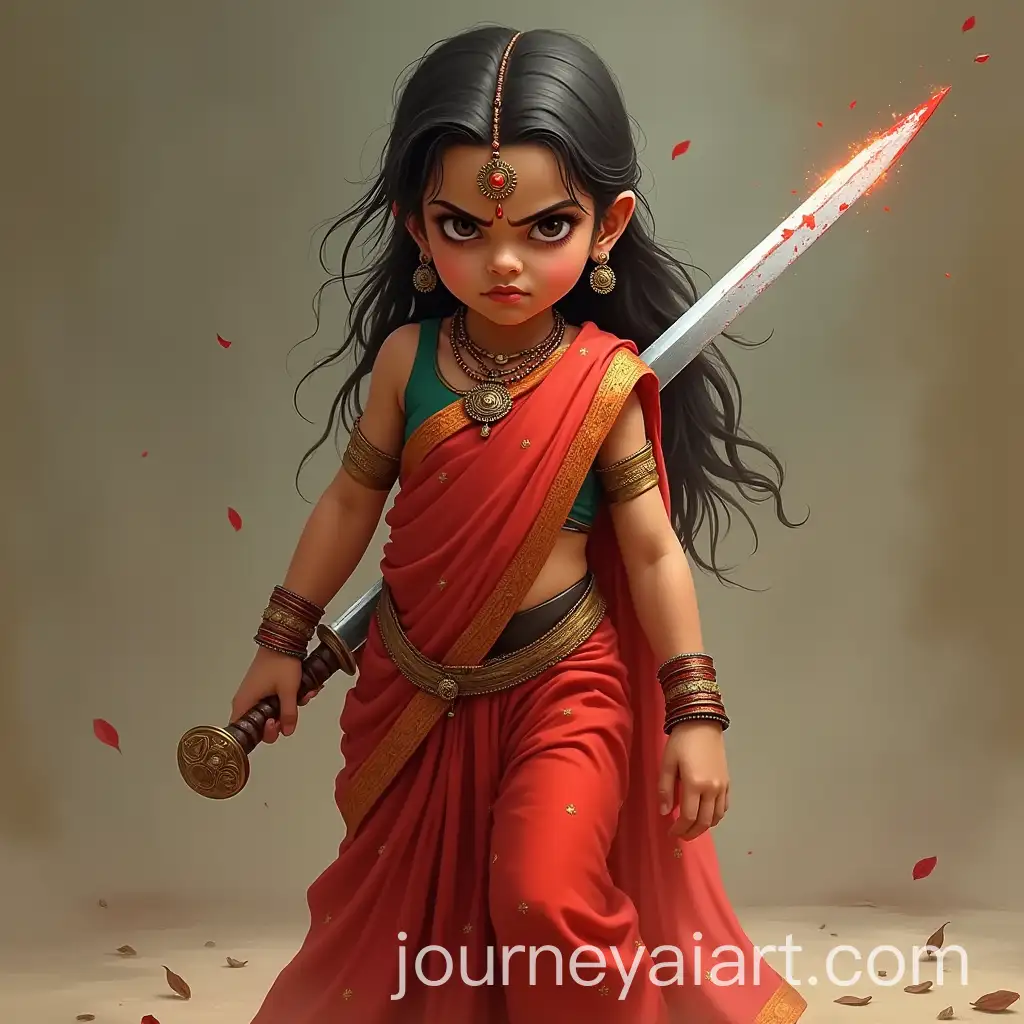 Toddler-Girl-as-Goddess-Durga-in-Red-Silk-Saree-Holding-Sickle-Sword