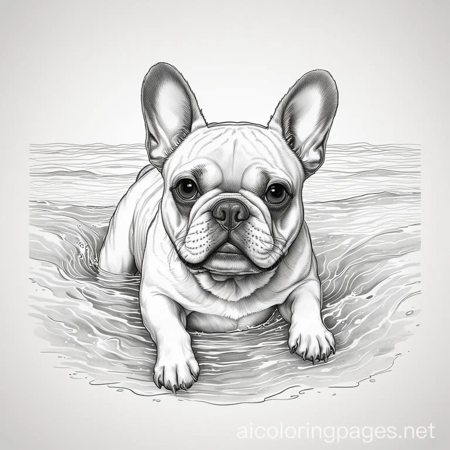 French Bulldog swimming, Coloring Page, black and white, line art, white background, Simplicity, Ample White Space. The background of the coloring page is plain white to make it easy for young children to color within the lines. The outlines of all the subjects are easy to distinguish, making it simple for kids to color without too much difficulty