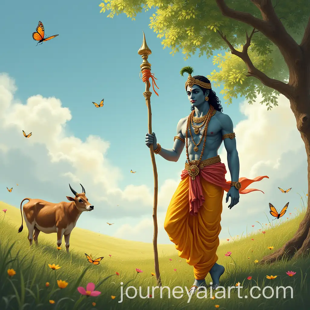 Lord-Krishna-with-Cow-and-Butterfly-in-Natural-Setting