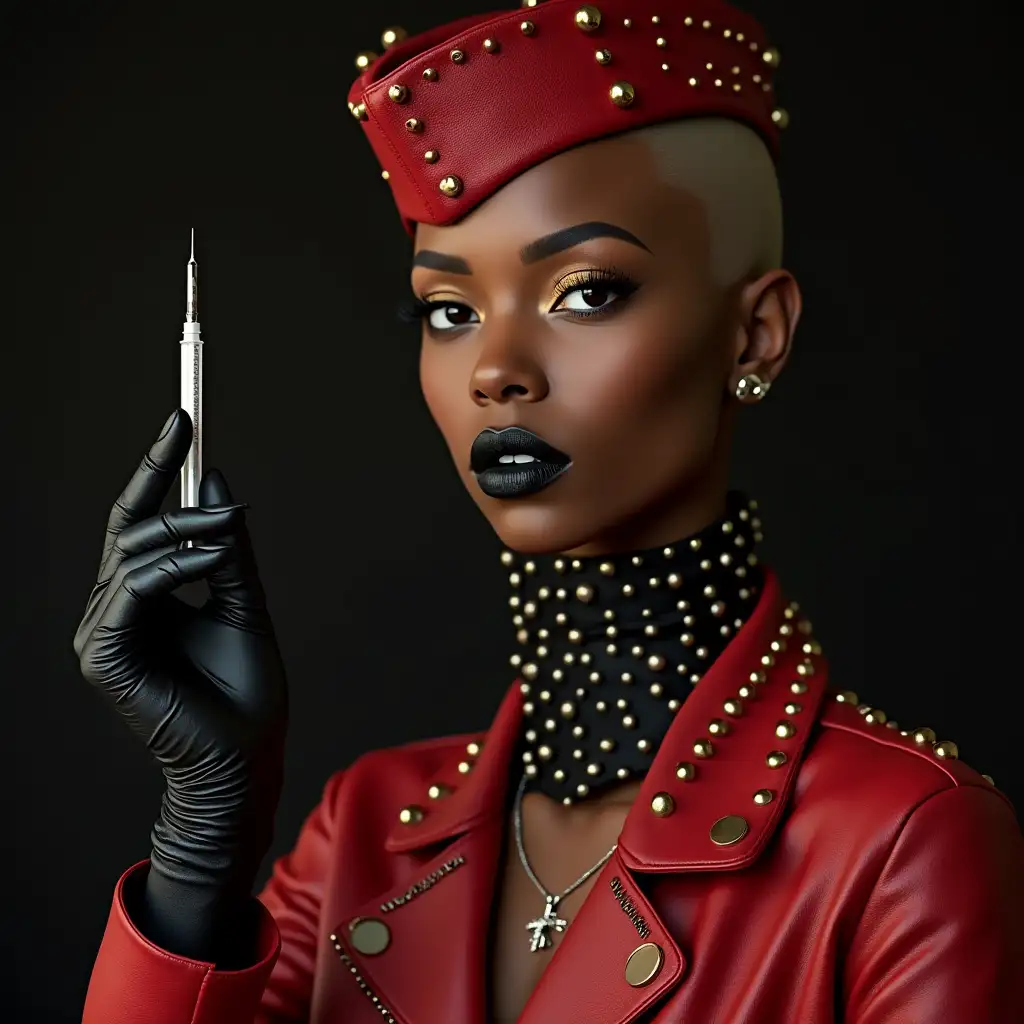 Danai-Gurira-in-Red-Leather-Studded-Motorcycle-Jacket-and-Bold-Accessories