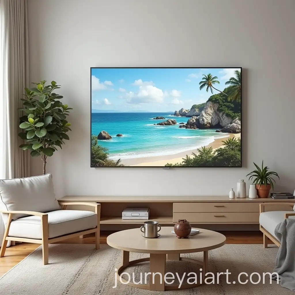 Samsung-TV-Frame-Displaying-CoastalThemed-Painting-in-Cozy-Living-Room