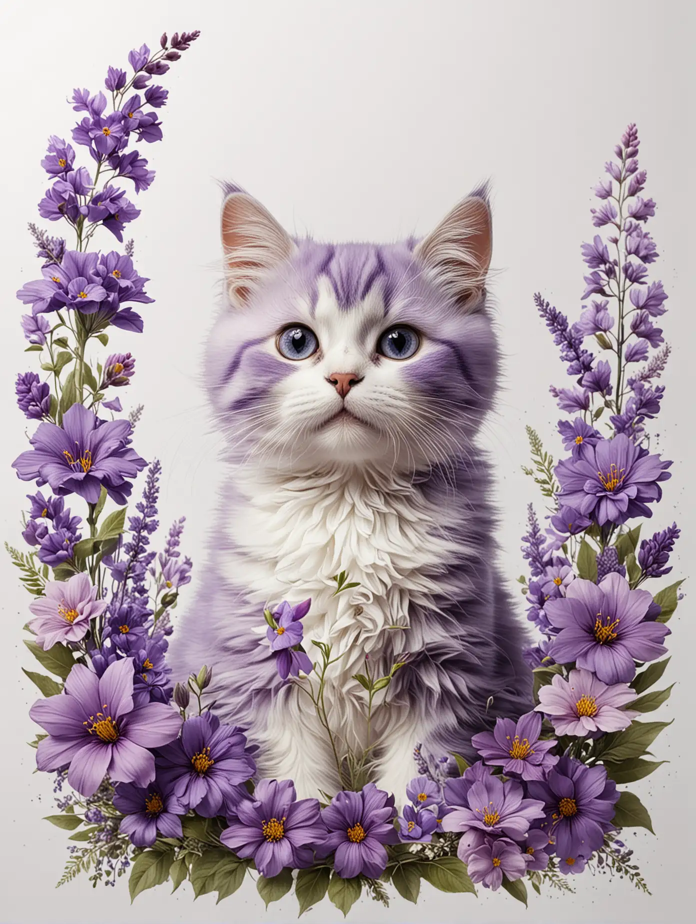 Adorable Purple Cat Surrounded by Vibrant Flowers on White Background