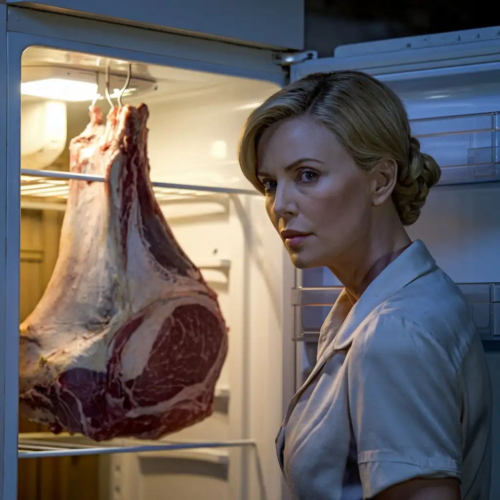 Housewife Charlize Theron opens the refrigerator, in which hangs a huge piece of meat. photo, cinematic, 4k