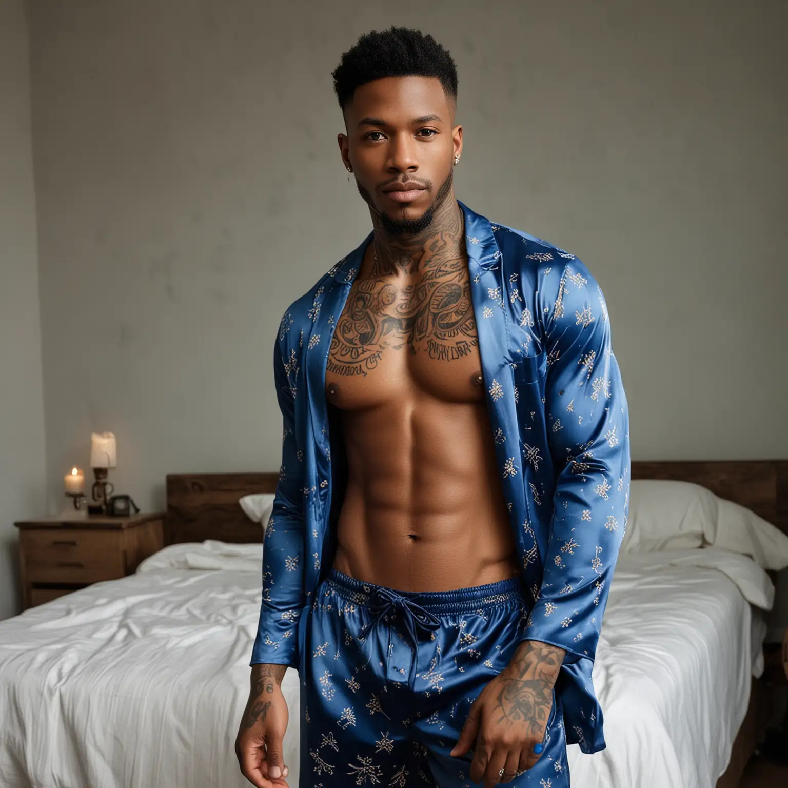 Handsome Shirtless Black Man with Tattoos in Blue Silk Pajamas