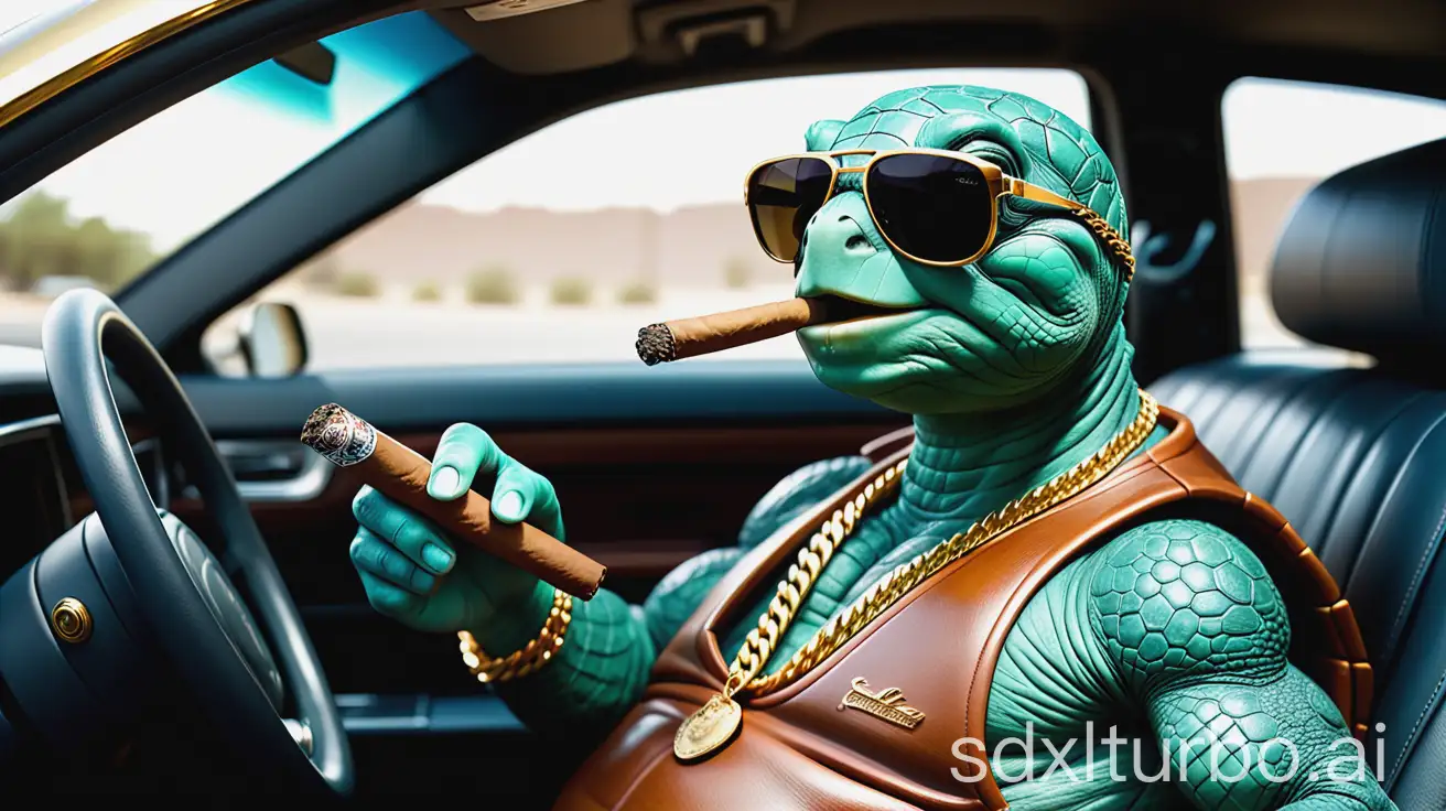a human like turtle with sunglasses on and a gold chain on his neck smoking a cigar, sitting in the driver seat of a cadillac
