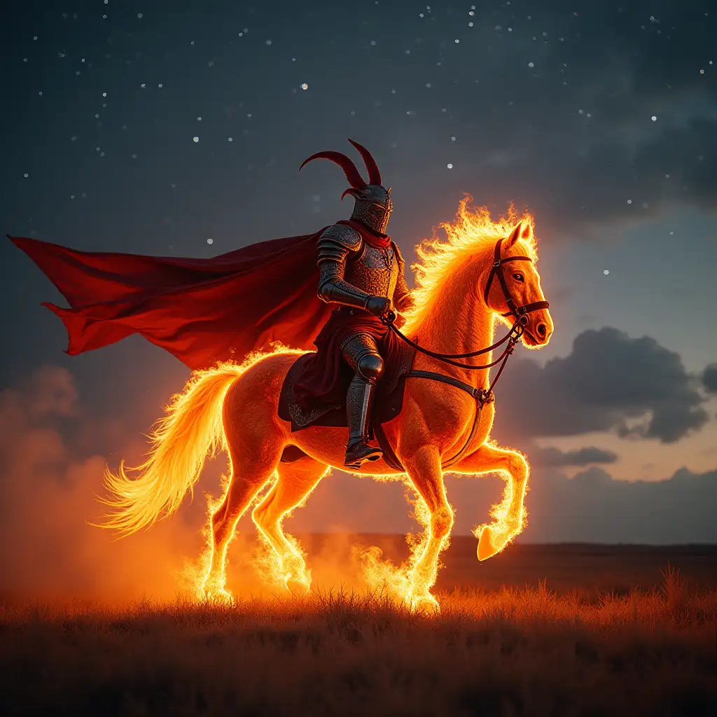 The infernal knight horseman of the apocalypse riding a flaming horse in an open field against the background of the starry sky