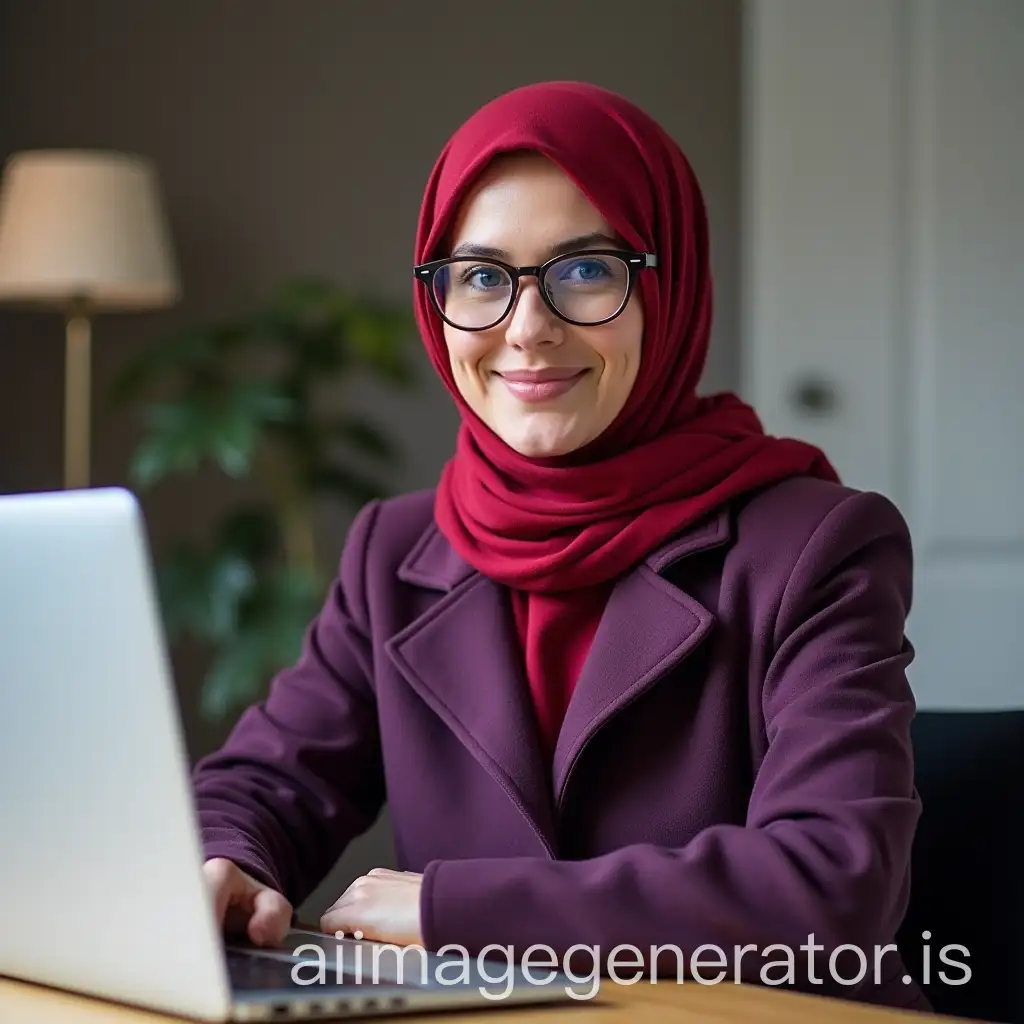 Woman-in-Purple-CoatAI-Image-Expansion-and-Red-Headscarf-Working-at-Desk-with-Laptop