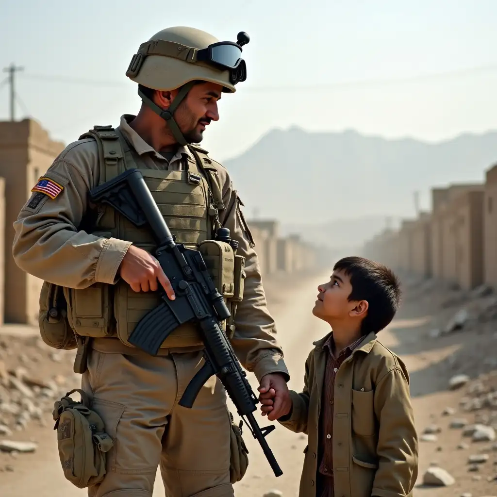 A battle-hardened American soldier in Afghanistan stands firmly, gripping his rifle in one hand while tightly holding the hand of a young Afghan boy with the other. The soldier wears a rugged camouflage uniform, a helmet with goggles resting on top, and a tactical vest loaded with gear. His face is weathered but shows a sense of duty and concern. The boy, dressed in traditional Afghan clothing, looks up at the soldier with a mix of trust and uncertainty. The background features a war-torn village with dust rising in the air, remnants of destroyed buildings, and distant mountains under a hazy sky. The atmosphere is tense yet deeply human, capturing a fleeting moment of connection amidst conflict.