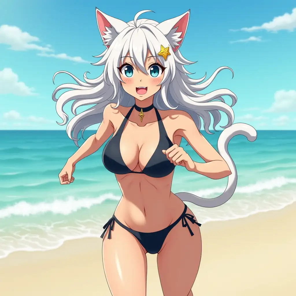 A mature adult feline/woman active running down a beach. Her 30-something years are disguised by her youthful facial features, except for her subtle wrinkles around the eyes, extremely slender body. Her ample bosom strains against her bikini, extreme cleavage.  Wearing black shoes. She has piercing blue cat eyes. A choker adorns her neck, a subtle hint at her feline nature. Her long, white hair cascades down her back like a wild waterfall, tangled and disheveled. Her cat-like teeth glint in the light, as her white fur-lined ears punctuate her visage with sparkling black and gold earring adorns each ear, adding a touch of elegance to her feline features. Cat whiskers on her face. The attached tail at the base of her spine stirs lazily.  Long fingernails. Full view. Anime.