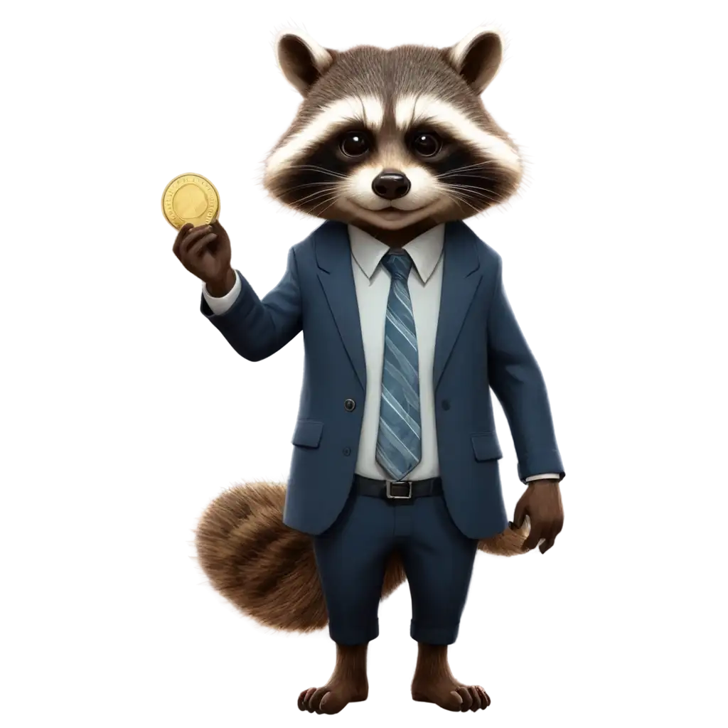 Cartoon rich raccoon in clothes with coin