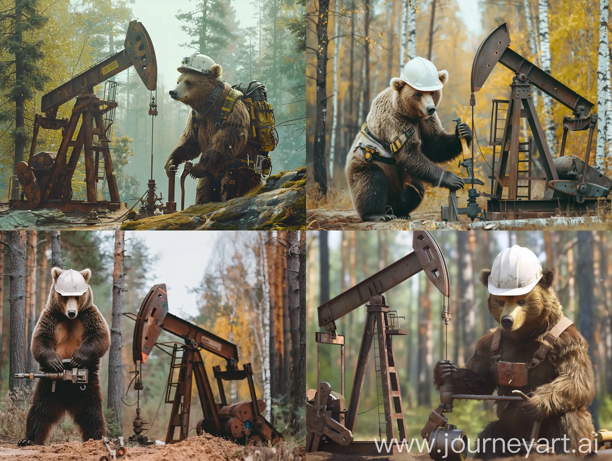 Bear-in-White-Helmet-with-Tools-at-Oil-Pump-Jack-in-Forest