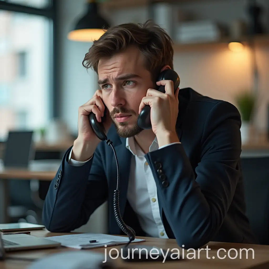 Anxious-Young-Man-Making-Phone-Call-in-Office-Setting