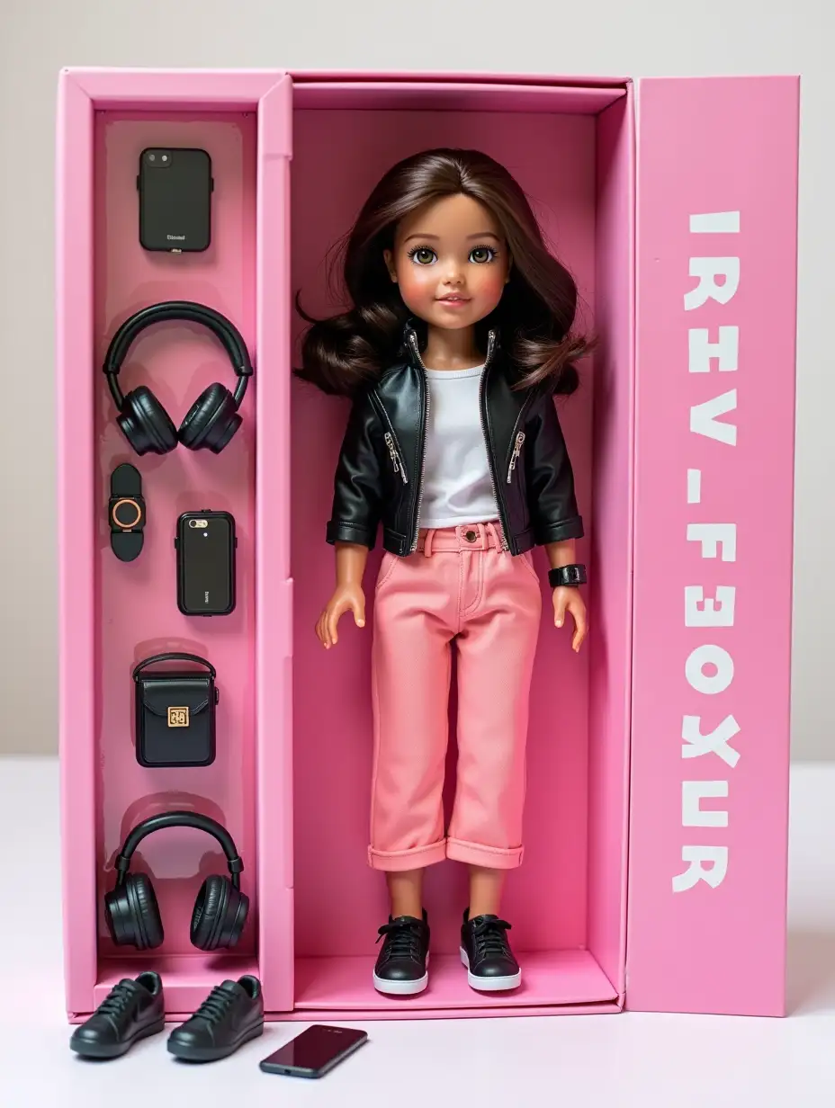 Create a stylish doll in the form of 'IRENA_FLOWER'. Features: dark brown hair, brown eyes, beautiful makeup. In a pink box with transparent window. On the box is written 'IRENA_FLOWER'. Clothing: black leather short jacket, white t-shirt, pink sports pants, black sneakers, electronic watch on wrist. Accessories separately: headphones, phone, 2 bags.