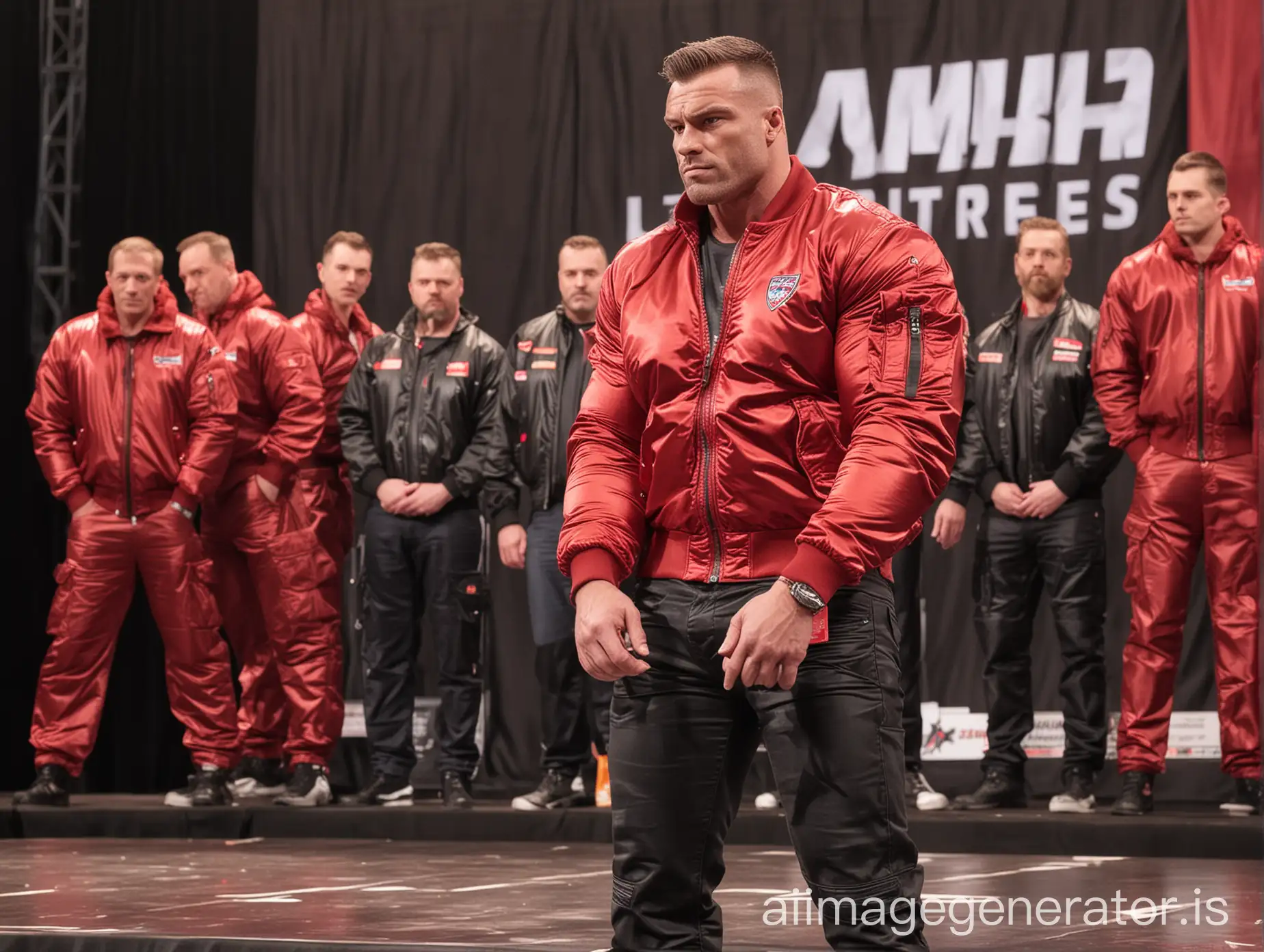 Muscular-Bodybuilder-in-Shiny-Alpha-Industries-CWU-Bomber-Jacket-Posing-on-Stage