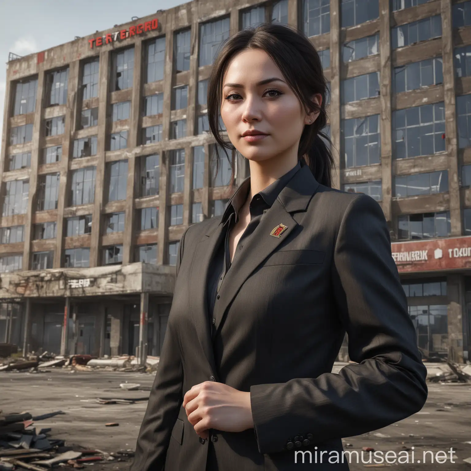 Female Trader from Escape from Tarkov in Front of TerraGroup Building