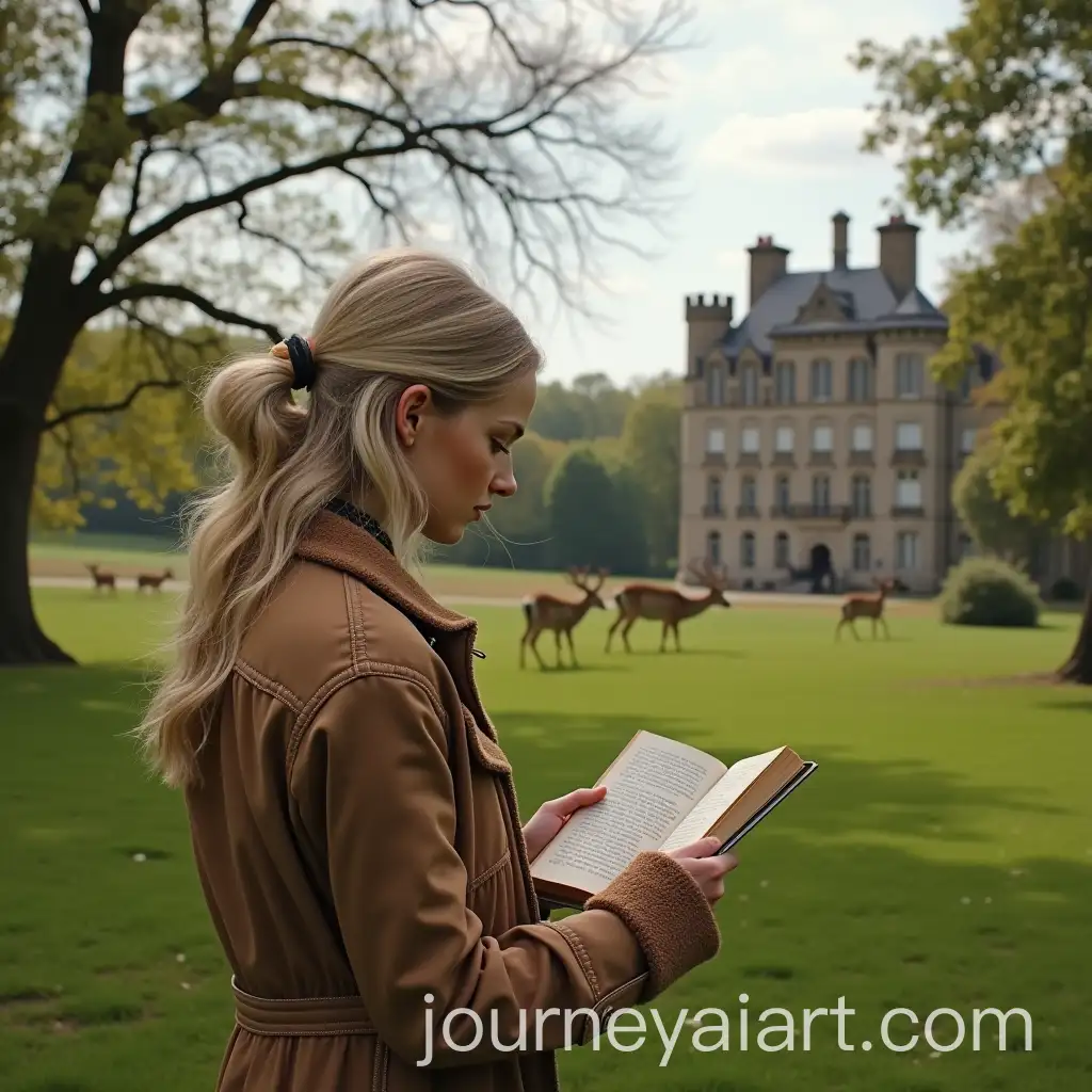 Blonde-Woman-Reading-in-Serene-Parkland-with-Castle-and-Deer