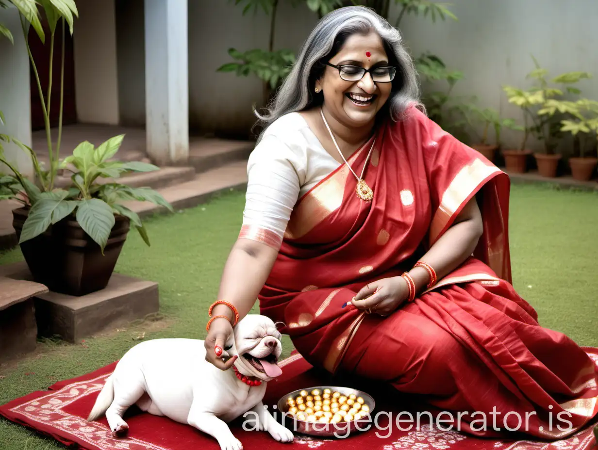 an rich Bengali fat mature curvy woman with spectacles, with makeup with open long shampoo washed hair having age 47 years old ,wearing ornaments and a white and red cotton saree, she is happy and laughing, she is sitting in a garden on a carpet putting one leg on carpet holding a rasgulla sweet plate , in background a puppy is there