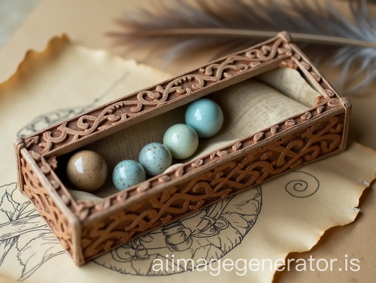 CelticStyle-Box-with-Clay-Marbles-Feather-and-Parchment-Drawing