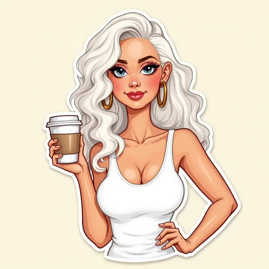 Illustration, styled as a cartoon sticker, depicts a woman with long curly white hair and freckles, holding a coffee in a paper cup in her right hand. She is wearing large hoop earrings and a white sleeveless top, confidently posing on a soft beige background. Makeup accentuates her features, and shiny lips and expressive eyes add even more charm to the image. Watercolor. caricature