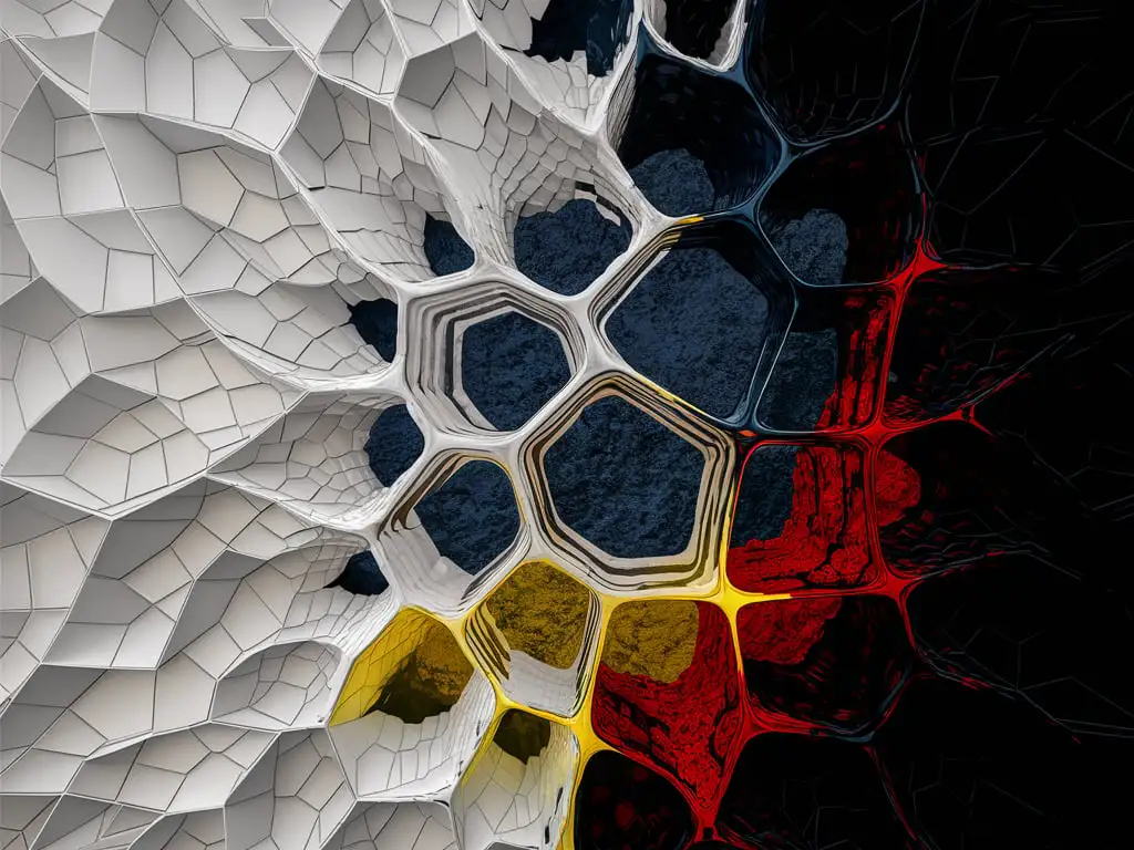 Abstract wallpaper with structural hexagonal shapes with darkblue red-rose and yellow on a white backrgound. Get me 60% of white in the image the rest in other color