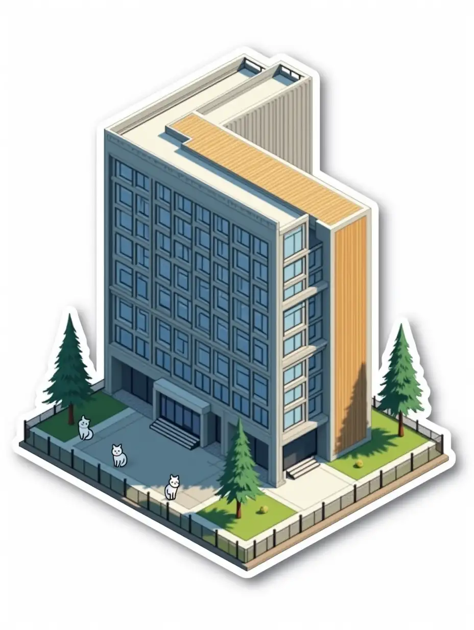 A curvilarly cut-out sticker with an isometric image of a huge long angular office building made of concrete and aluminum of industrial design with a facade completely filled with windows.  the building is gray and aluminum in color. Only half of the side wall has windows, and the entire height of the wall is mustard-colored. There is a parking lot and a fence in front of the building. Tall fir trees and small white cats in T-shirts stand in front of the building. High contrast, white background, UV-laminated anime-style sticker