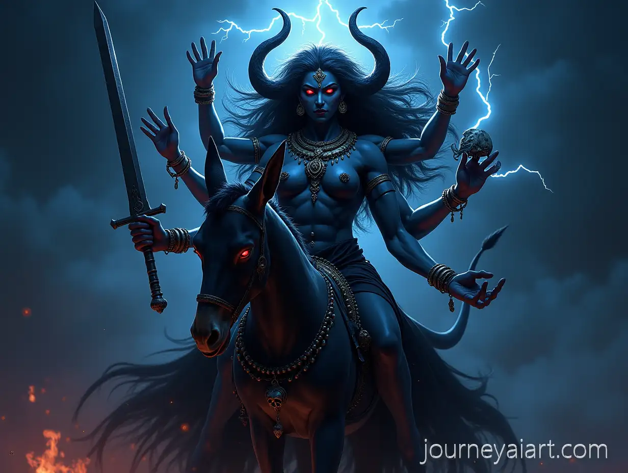 Fierce-Dark-Goddess-Kalaratri-Riding-Donkey-with-Lightning-and-Skull-Garland-at-Night