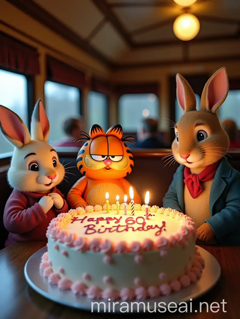 Birthday Celebration on Train Carriage with Garfield and Peter Rabbit Featuring a Big Birthday Cake