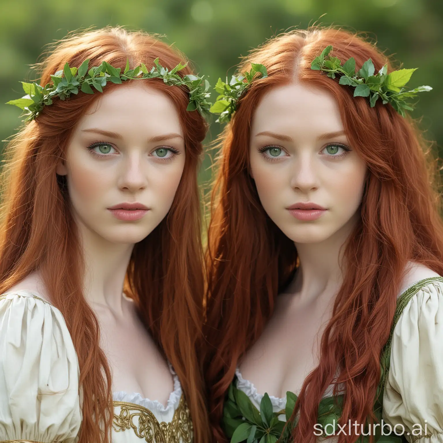 Two young women with pale skin, long red hair and green eyes, in adam and eve costume