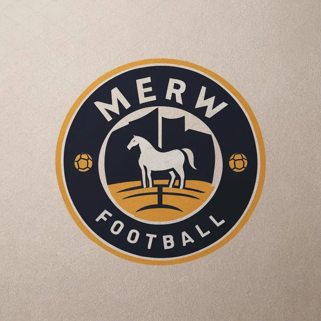 LOGO-Design-For-MERW-Round-Logo-with-Minimalistic-Horse-and-Football-Ball-in-Dark-Blue-and-Yellow