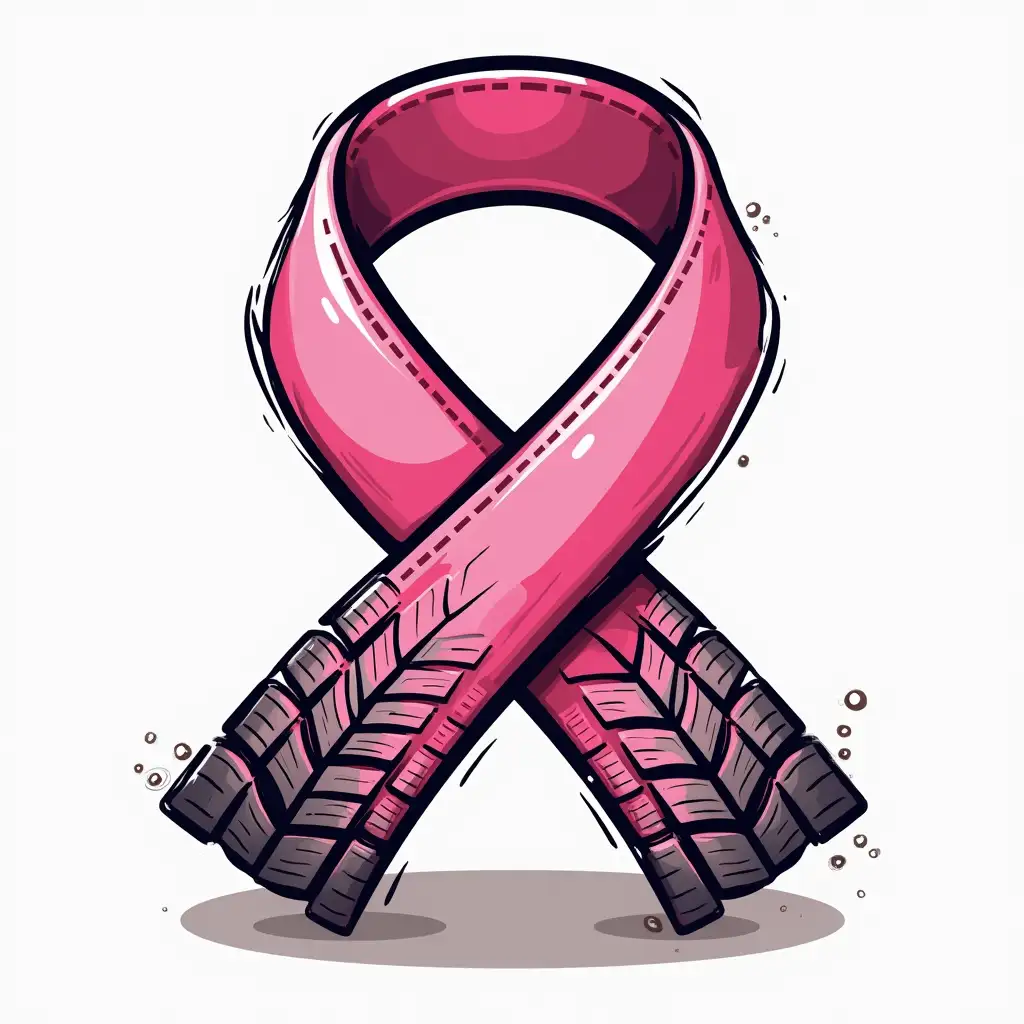 pink breast cancer ribbon with off-road tire tracks inside, clipart