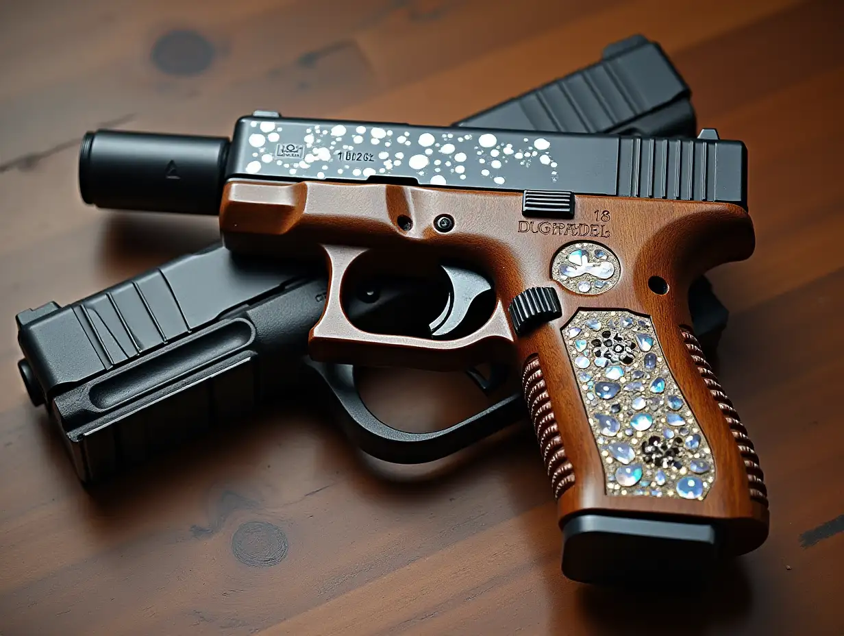 Create for me a Glock 18 pistol with mother of pearl and wood with the name Daniel