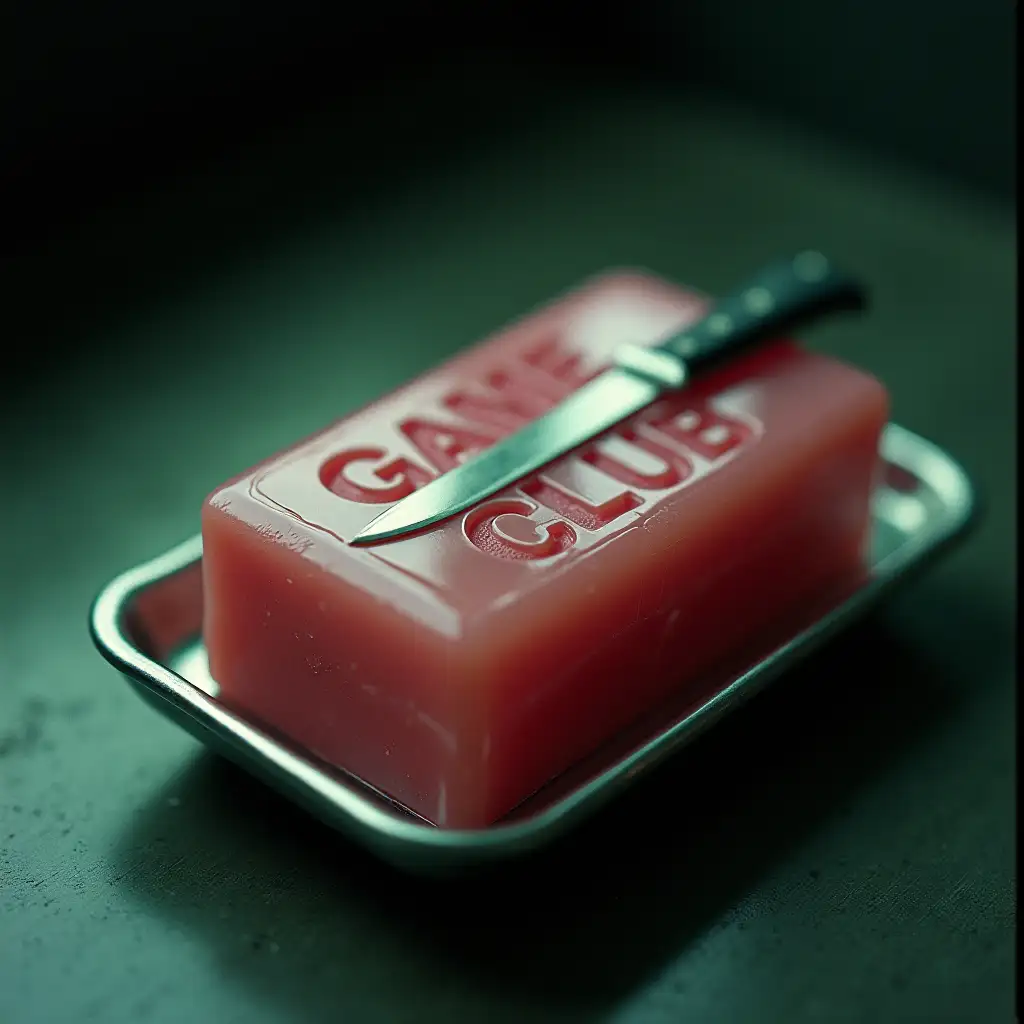 A photorealistic wet pink soap on a small flat rectangular steel soap dish with the name Game Club carved with a knife on it, as bas-relief and as the one in Fight Club Movie Poster, Macro Canon EF 50 mm lens, lots of chroma aberrations, grainy Kodachrome film cross-processed, shallow depth of field in a gloomy greeny dark lighting