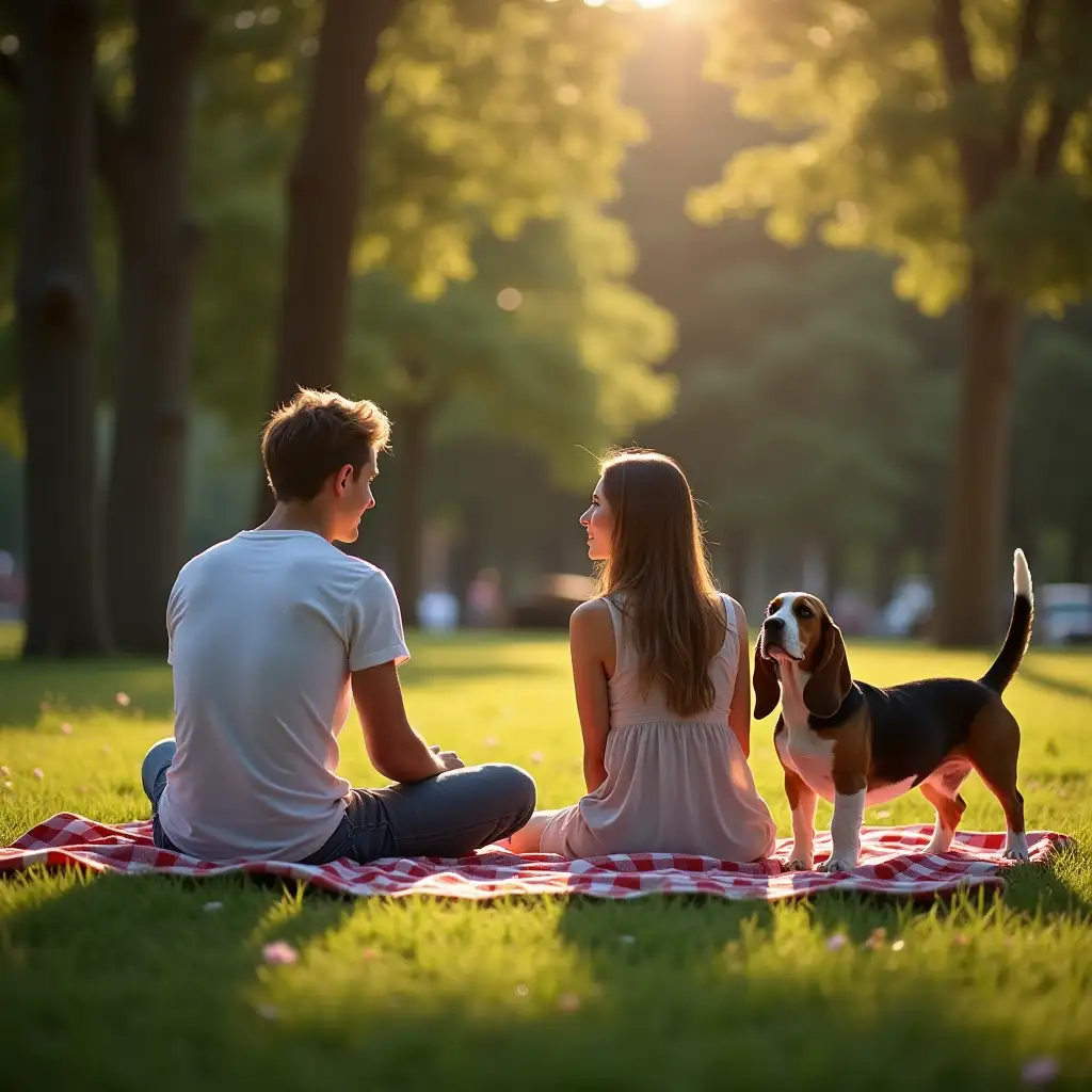 Young-Couple-Enjoying-a-Picnic-with-Basset-Hound-in-a-Serene-Park