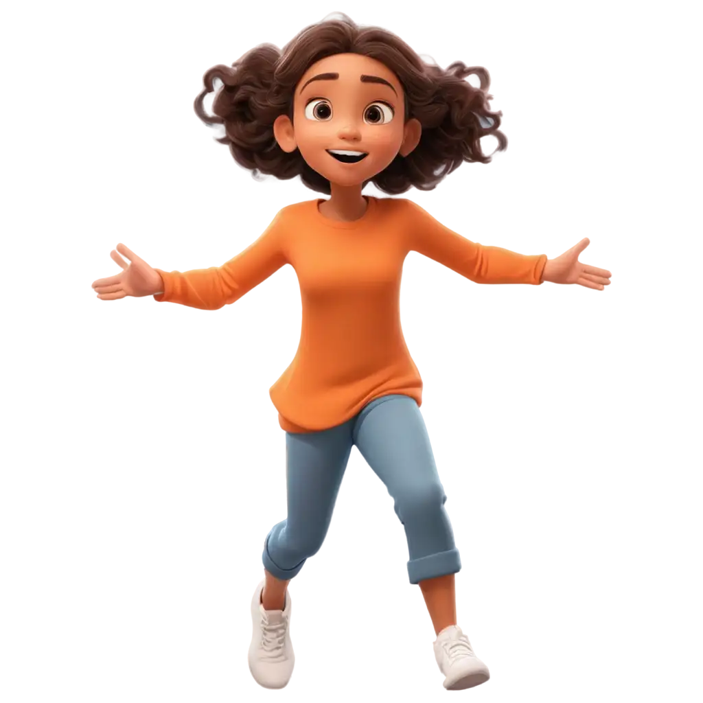 2D-Cartoon-PNG-Image-of-a-Little-Girl-in-Orange-Shirt-Dancing-and-Running-with-Exaggerated-Head-Proportion