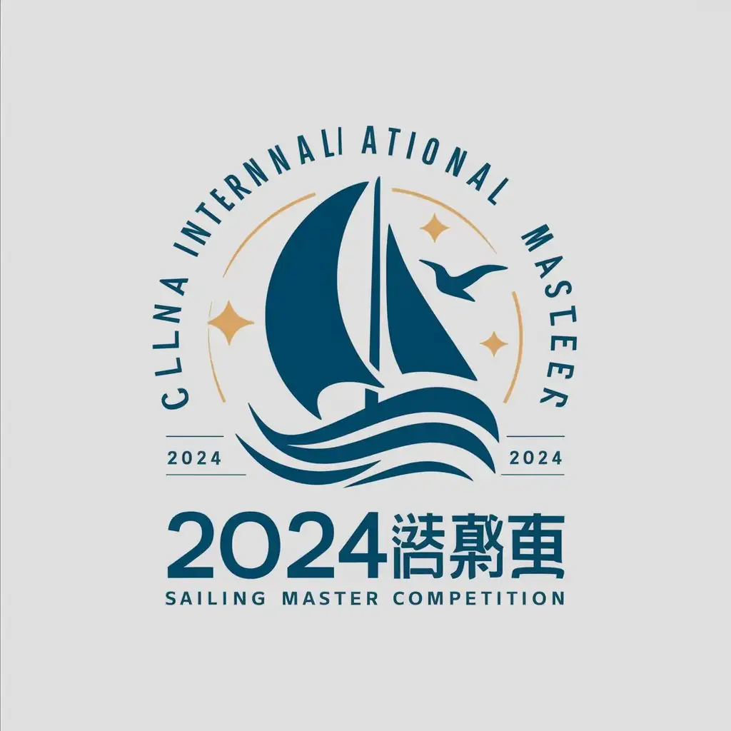 a vector logo design,with the text "2024 China International Sailing Master Competition", main symbol:wind sail, seabird, sea wave, sailboard, masterpiece,Minimalistic,be used in Sports Fitness industry,clear background